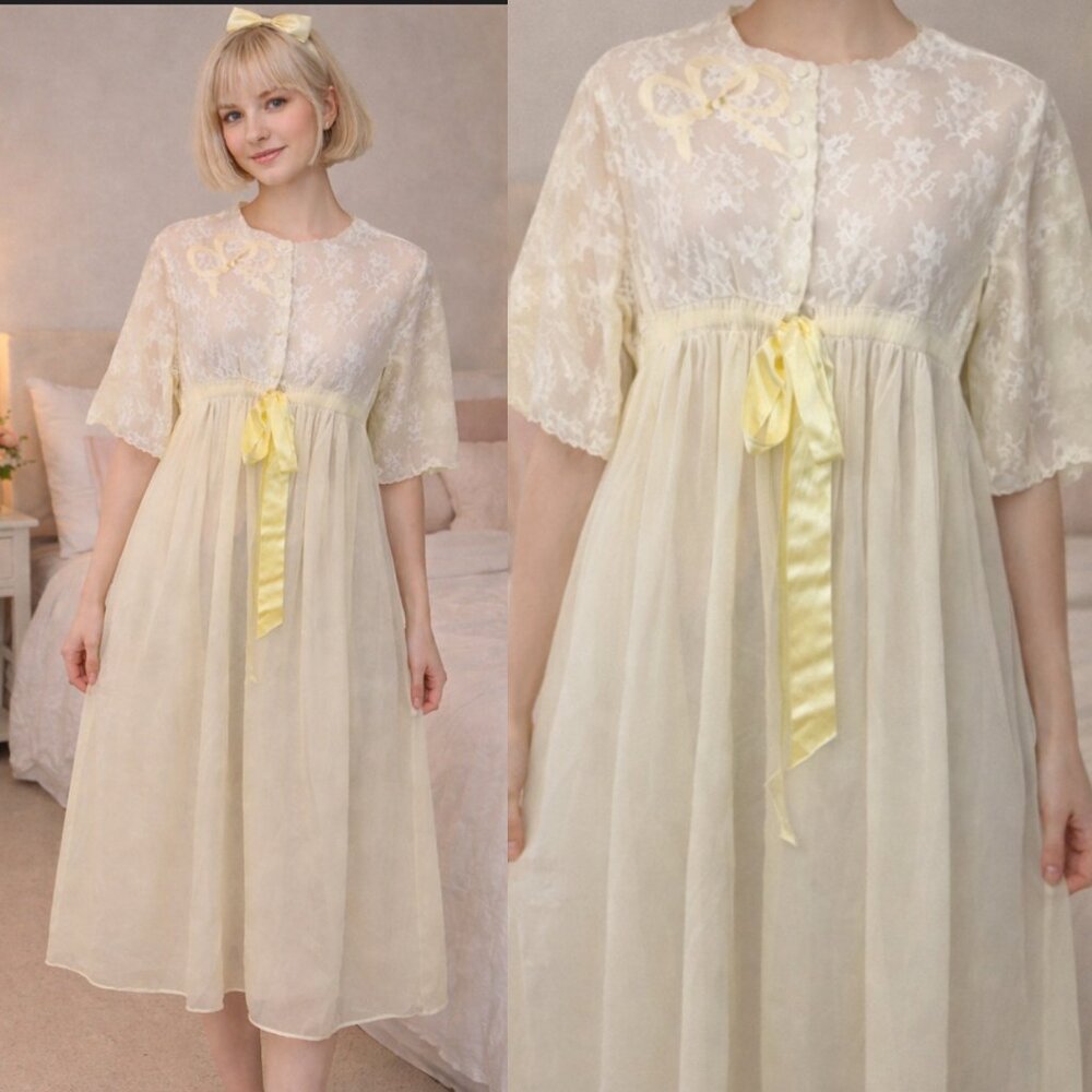 Vintage Eyeful by The Flaums Lord & Taylor Yellow Chiffon Lace Robe Peignor Sz M